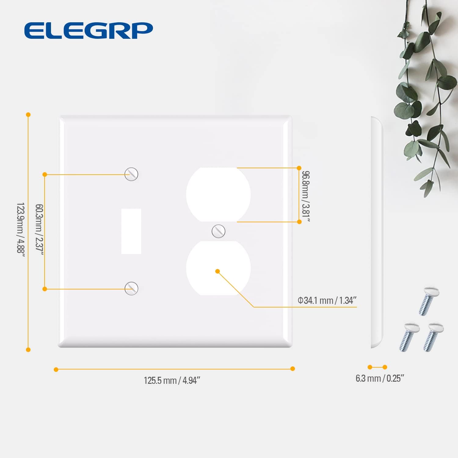 Combination Wall Plate ELEGRP 1-Toggle Light Switch 1-Duplex Receptacle Outlet Combination Wall Plate Cover, Mid-Size 4.88" x 4.94" Unbreakable Thermoplastic Faceplate Cover, UL Listed (2 Pack, white)