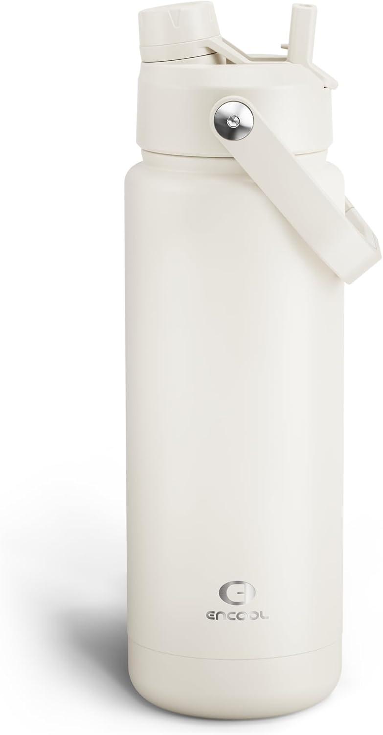 ENCOOL Insulated Water Bottle with Straw Stainless Steel Water Bottle, Leak-Proof, BPA-Free, Double Wall Vacuum Keeps Cold for 24 Hours for Sports, Travel, School (32 oz, Cream Moon)