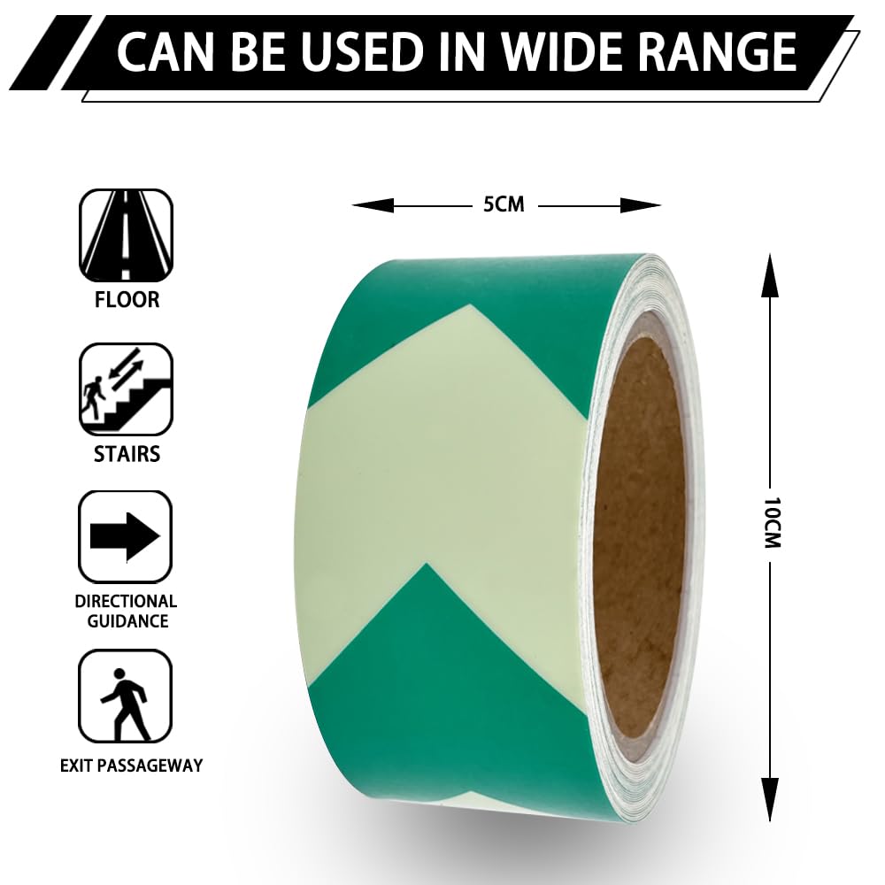 Arrow Glow in The Dark Tape - 15 Ft x 2 in - Rechargeable Glow Tape in The Dark - Safety Warning Tape, Night Decorations, and Home Marking (GreenArrow)