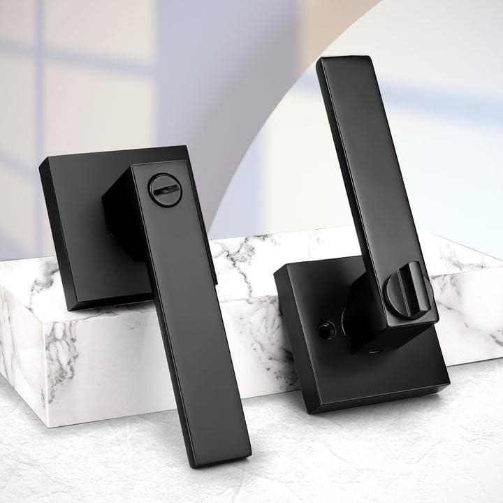 Probrico Interior Black Door Handle, Heavy Duty, Flat Square Privacy Door Handles, Keyless Door Levers Lockset for Bedroom and Bathroom (2 Pack, Modern)