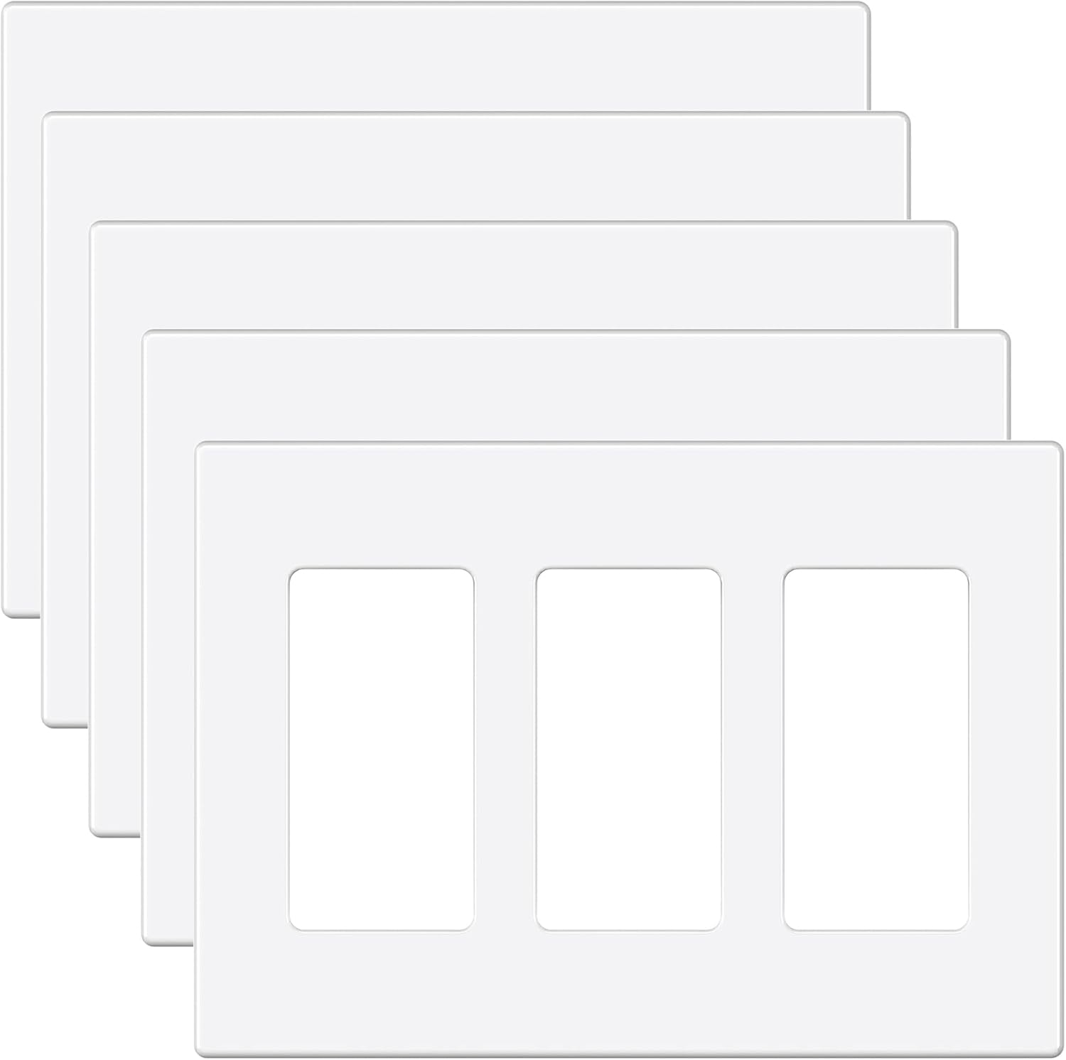 EMITEVER 3-Gang Screwless Decorator Wall Plate Cover for Receptacle Outlet & Light Switch, Standard Size 4.53"H x 6.38"W, Unbreakable Thermoplastic Faceplate, UL Listed, Matte White 5-Pack