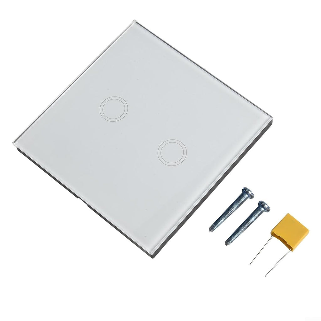 Glass Touch Light Switch Double Gang 1 Way Wall Control Panel LED Compatible Single Live Wire No Neutral Required White 86mm Switch With LED Indicator For Home Office Hotel(white)