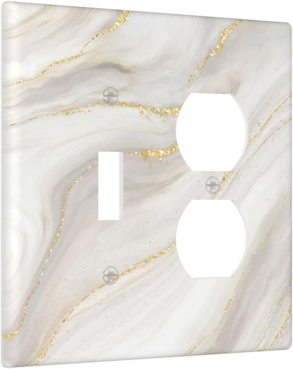 White Grey Gold Marble Simple Tiles Wallplates 1 Toggle 1 Duplex Switch Plate Electrical GFCI Faceplate Decorative Light Switch Covers for Bathroom Kitchen Decor