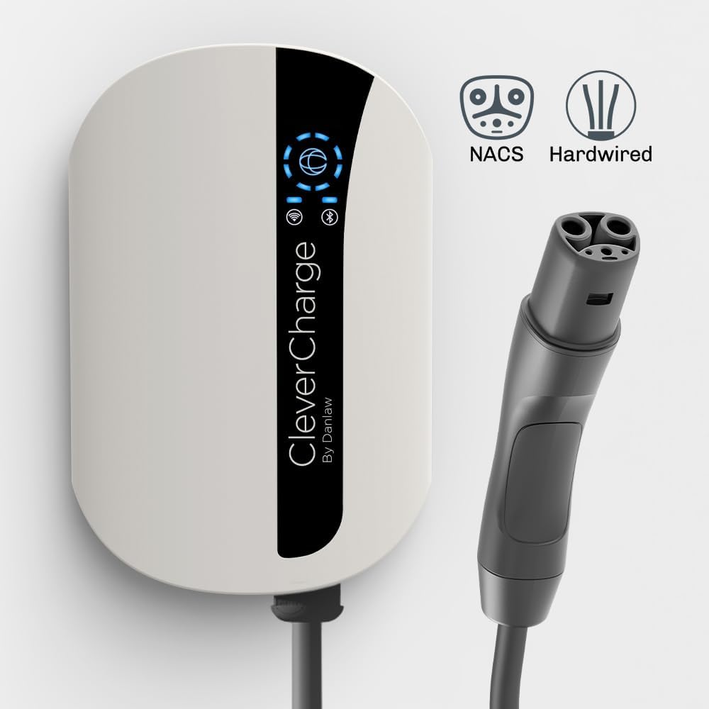 CleverCharge EV-113A Wi-Fi Enabled Level 2 EV Charger, Hardwired EVSE with NACS Connector & CleverKey AI, Up to 48A / 240V, UL/Energy Star Rated, 25ft Cable, Soft White