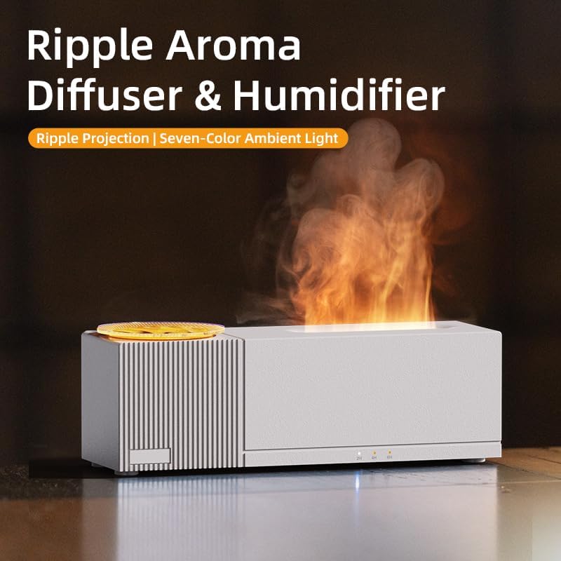 Essential Oil Diffuser, Ripple Projection Vibe Flame Oil Diffuser - Aromatherapy Aroma Humidifier, Upgrade 7 Flame Colors Noiseless 150ml Remote - Perfect for Bedroom Home Office (Ripple White)