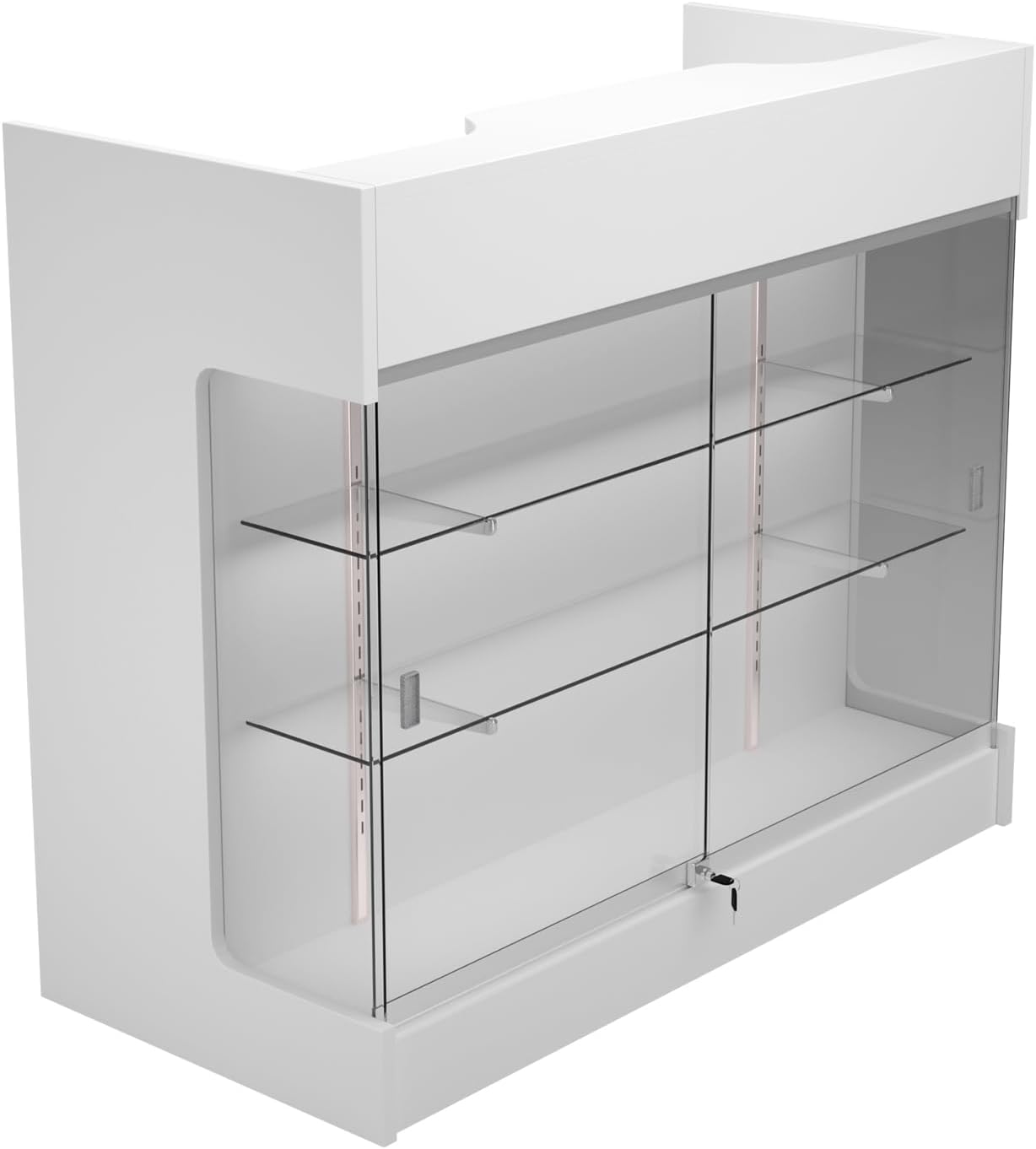 48" W x 22" D x 42" H - Retail Sales Counter with Adjustable Glass Shelves, Tempered Glass，White Laminated Particle Board, Locking Drawers
