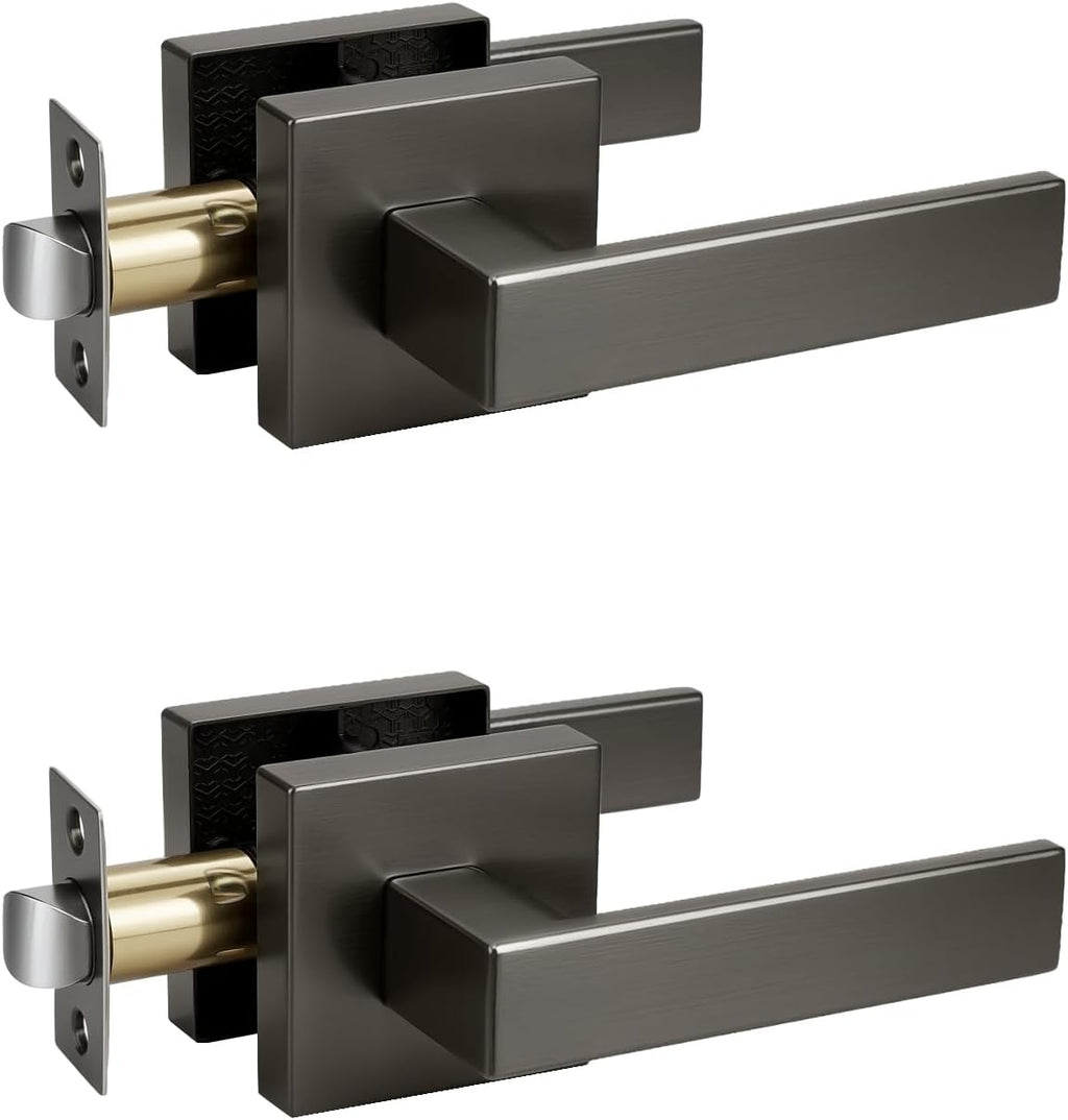 KNOBWELL 2 Pack Door Handles Interior Passage Doorknob with Straight Lever Gunmetal Black Hallway Closet Door Handles
