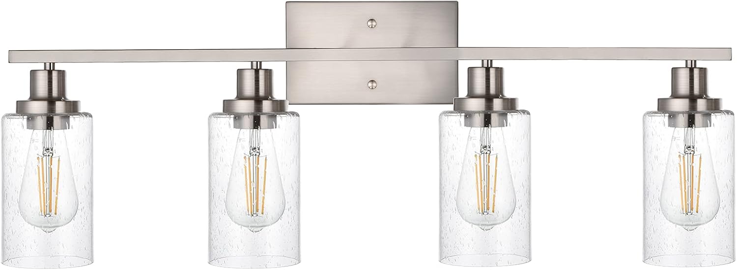 4-Lights Modern Vanity Light Fixtures for Bathroom Over Mirror, Farmhouse 31-Inches Length Seeded Glass Bath Wall Sconce Lighting in Brushed Nickel
