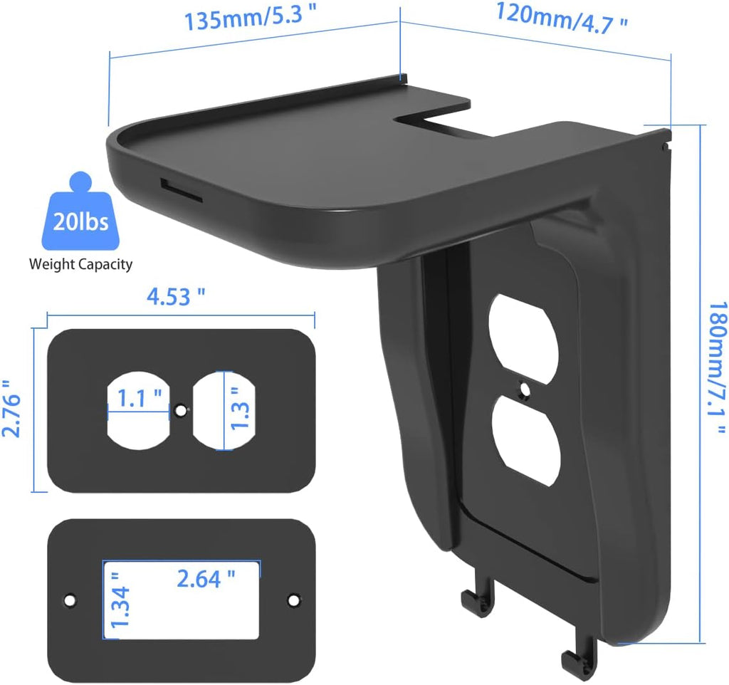 suptek Wall Outlet Shelf, Home Wall Shelf Organizer for Outlets, Perfect for Bathroom, Kitchen, Bedrooms,Ideal for Cell Phone,Speaker up to 20lbs,with Cable Management and Detachable Hooks,Black(S3B)