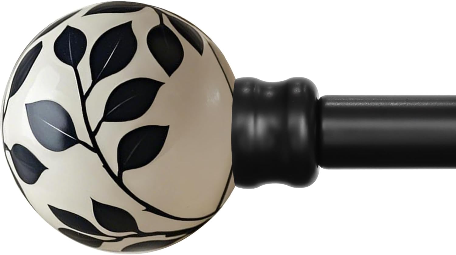 Ceramic Black Curtain Rods for Windows 48 to 84 Inches Adjustable Length Heavy Duty 1" Diameter Window Curtain Rod with Modern Leaf Pattern Decorative Finials for Bedroom Kitchen Living Room