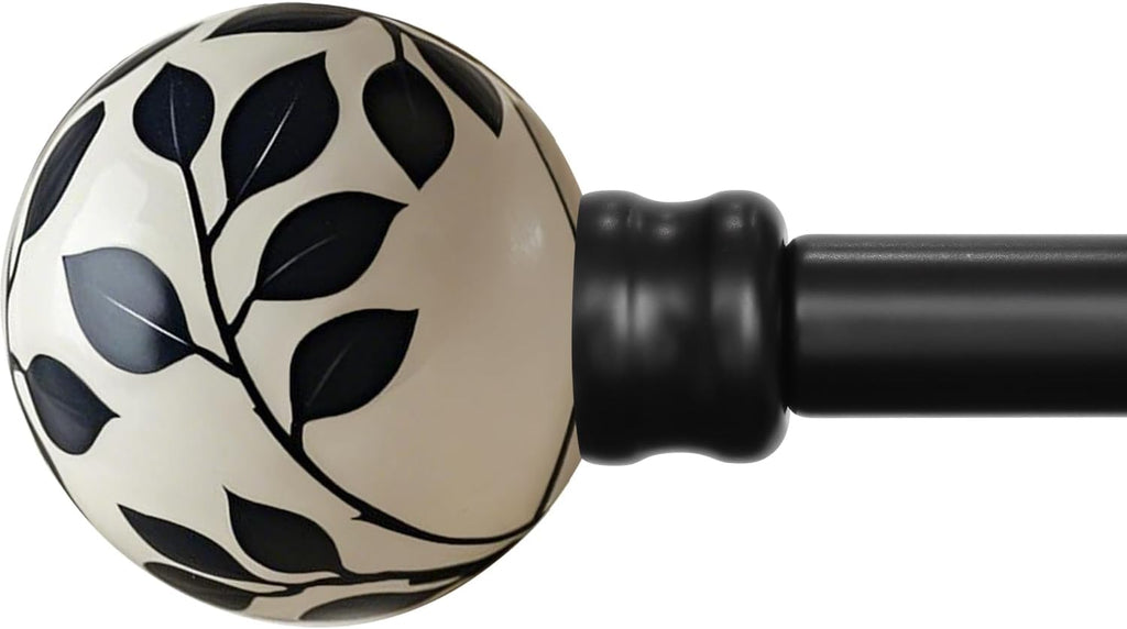 Ceramic Curtain Rods Black for Windows 66 to 120 Inches Adjustable Length Heavy Duty 1" Diameter Window Curtain Rod with Modern Leaf Pattern Decorative Finials for Bedroom Kitchen Living Room