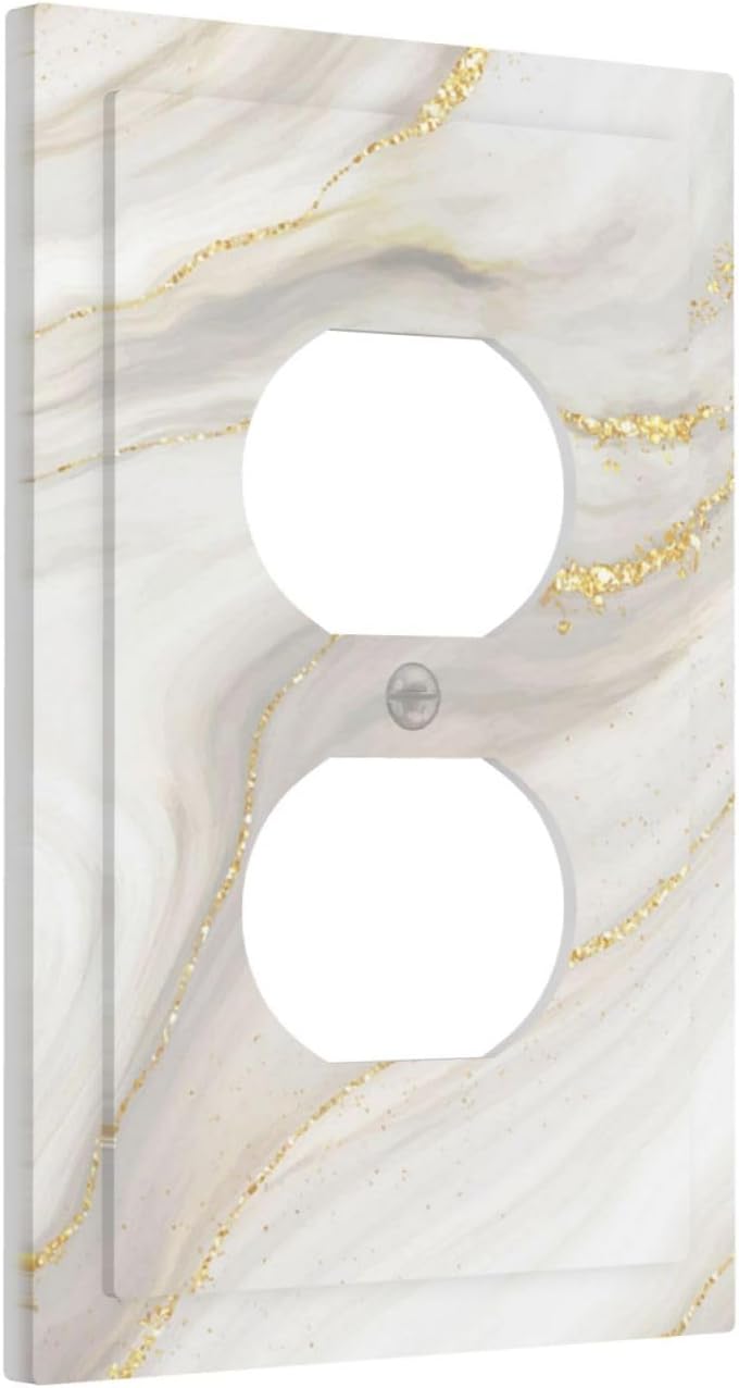 White Grey Gold Marble Simple Tiles Outlet Covers 1 Gang Duplex Light Switch Cover Decorative Switch Plates Electrical Receptacle Faceplate Wall Plate for Bathroom Kitchen Decor
