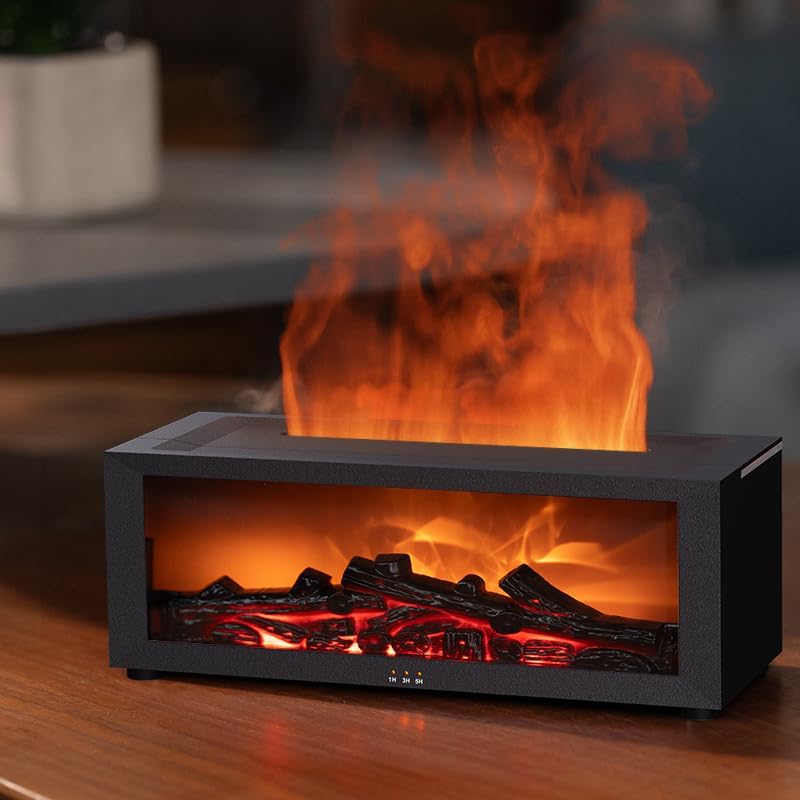 Essential Oil Diffuser, Fireplace Flame Oil Diffuser - Aromatherapy Aroma Humidifier, Upgrade 7 Flame Colors Noiseless 150ml Remote Control - Perfect for Bedroom Home Office (Fireplace Black)