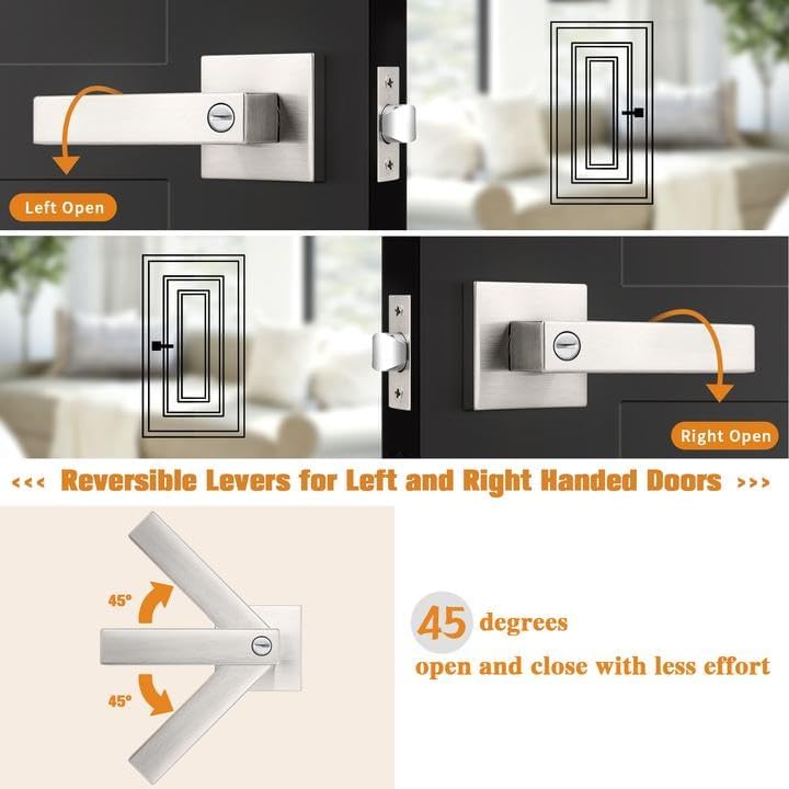 Probrico Interior Brushed Nickel Door Handle, Heavy Duty, Flat Square Privacy Door Handles, Keyless Door Levers Lockset for Bedroom and Bathroom (2 Pack, Modern)