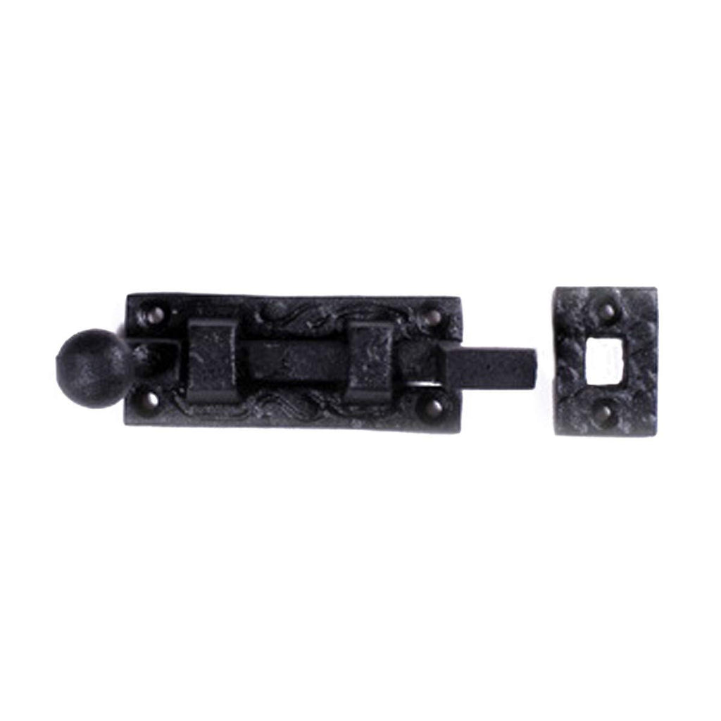 Renovators Supply Manufacturing Door Lock Latch 4 in. Black Wrought Iron Ball Tip Styled Necked Offset Slide Bolt Latch with Mounting Hardware