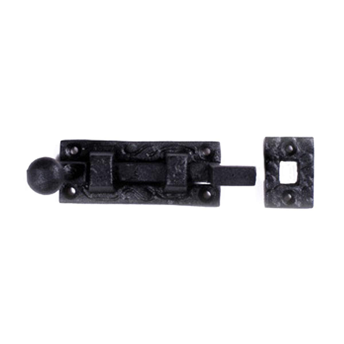Renovators Supply Manufacturing Door Lock Latch 4 in. Black Wrought Iron Ball Tip Styled Necked Offset Slide Bolt Latch with Mounting Hardware
