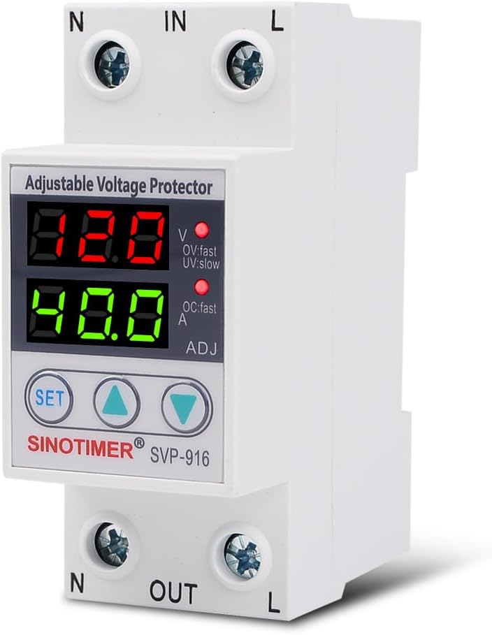 Adjustable Voltage Protector SINOTIMER Surge Protective Relay with 2 LED Displays Overvoltage and Undervoltage Current Limit Devices, 40A Load(Economical), Used in AC120V Residential