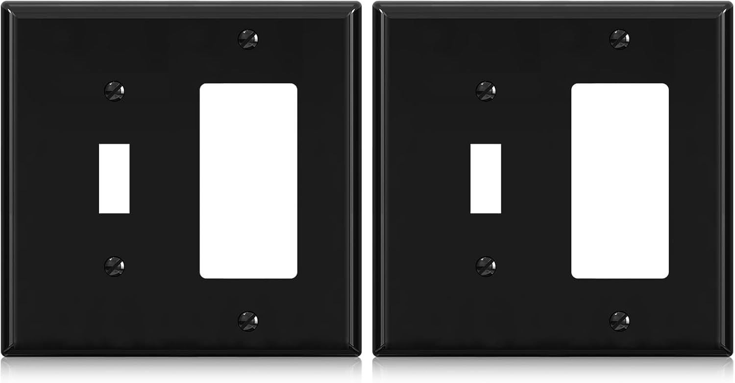 Combination Wall Plate ELEGRP 2-Gang 1-Toggle Light Switch 1-Decorator/GFCI Device Combination Wall Plates, Mid-Size 4.88" x 4.94" Unbreakable Thermoplastic Faceplate Cover, UL (2 Pack, Glossy Black)