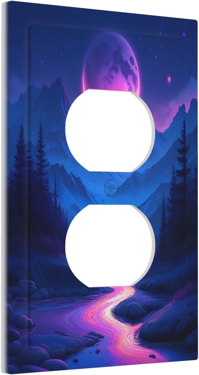 Purple Cyberpunk River Full Moon Mountain Forest Outlet Covers 1 Gang Duplex Light Switch Cover Wall Plate Decorative Switch Plates Electrical Receptacle Faceplate for Bedroom Bathroom Decor