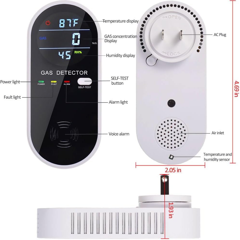 Natural Gas Detector, 3 in 1 Plug-in Propane Gas Detector(Gas, Temperature and Humidity Display), Combustible Gas Detector for Home & RV Gas Leak Detector for LNG, LPG, Methane