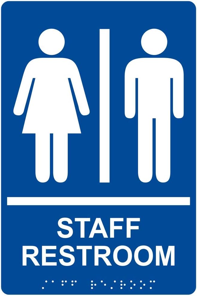 ComplianceSigns.com Staff Restroom Sign, ADA-Compliant Braille and Raised Letters, 9x6 inch White on Blue Acrylic with Adhesive Mounting Strips