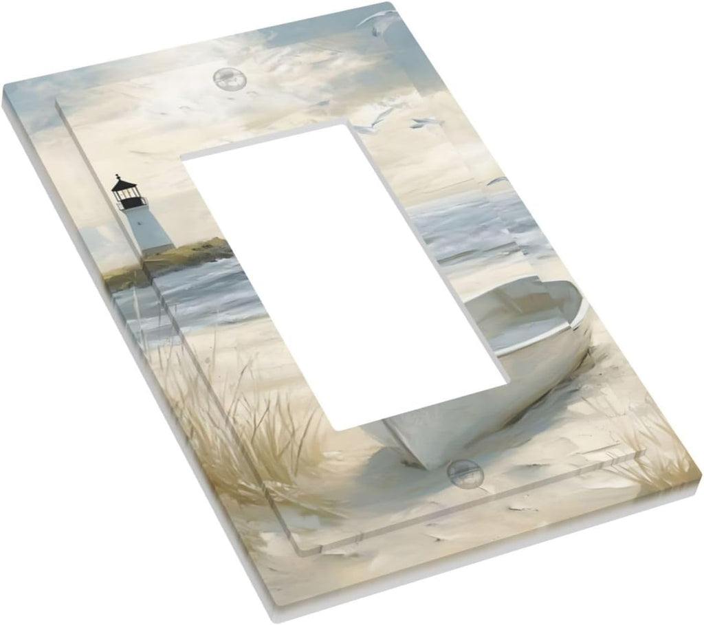 Decorative Outlet Covers Seascape Painting with Lighthouse Boats 1 Gang Rocker Light Switch Covers Single Decora GFCI Device Wall Plate for Bedroom Home Decor （2 Pack）