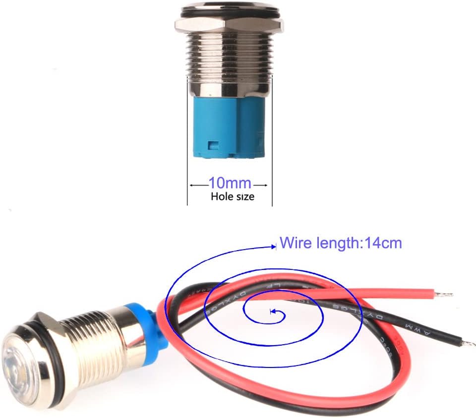 5pcs AC/DC 12-24V White 10mm Energy-Saving LED Metal Indicator Light Waterproof Signal Lamp with Wire