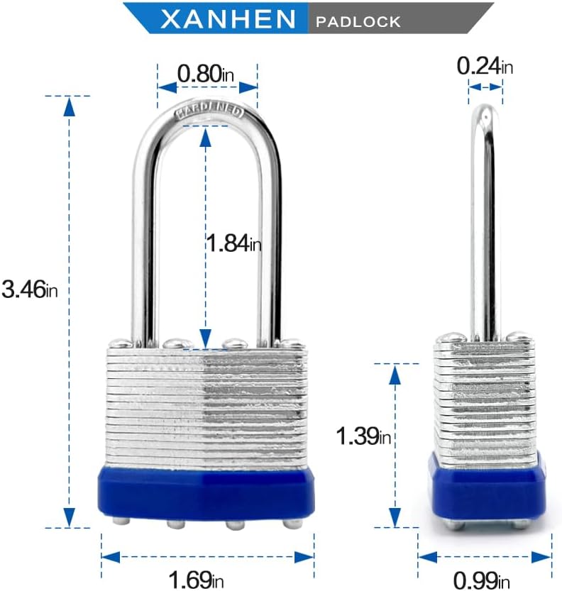 Laminated Steel Padlocks, 24 Pack, Blue, Keyed Alike, Long Shackle, for Hasp Latch, Sheds, Fences, Lockers, Schools, Gyms