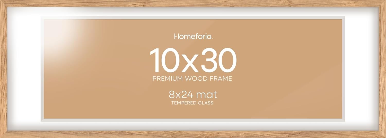 Homeforia 10x30 Wood Frame, High End Natural Oak 10x30 Light Wooden Picture Frame with Mat 8x24, 10 x 30 Poster Frames Matted to 8 by 24 Print, 30x10 Hanging Frames, Tempered Glass, Wall Kit, Set of 1