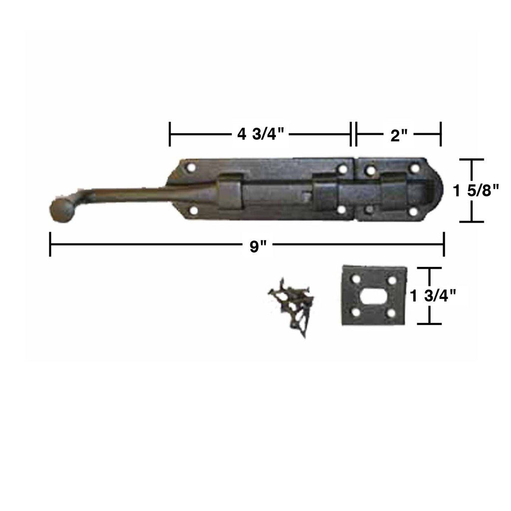 Renovators Supply Manufacturing Black Slide Bolt Door Latch 9 in. Long Black Iron Metal Sliding Bolts with Catch for Cabinet, Barn Doors Or Fence Rust Resistant Security Locks with Hardware Pack of 4