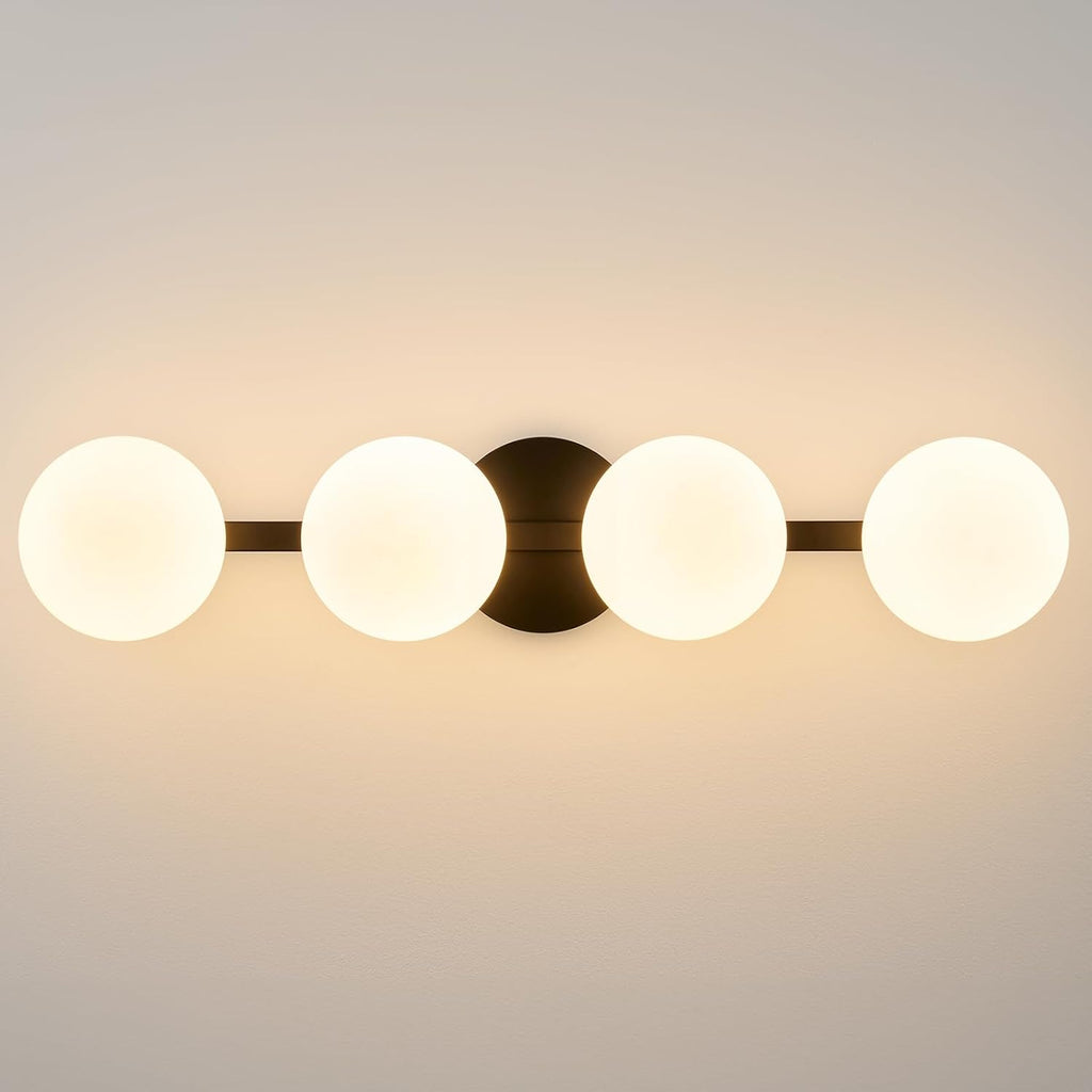 Bathroom Vanity Mirror Light Fixtures: 4 Lights Bath Wall Sconce Lighting - Black Vanity Lights with Milk Glass Shade - Modern Minimalist Makeup Light Fixture above Mirror for Hallway Bedroom E26 Base