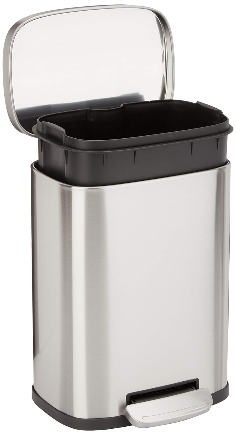 Amazon Basics Smudge Resistant Mini Rectangular Trash Can With Soft-Close Foot Pedal, Brushed Stainless Steel, for Bathroom & small space, 5L/1.32 Gal, 7.3x8.5x11.8 in, Satin Nickel Finish