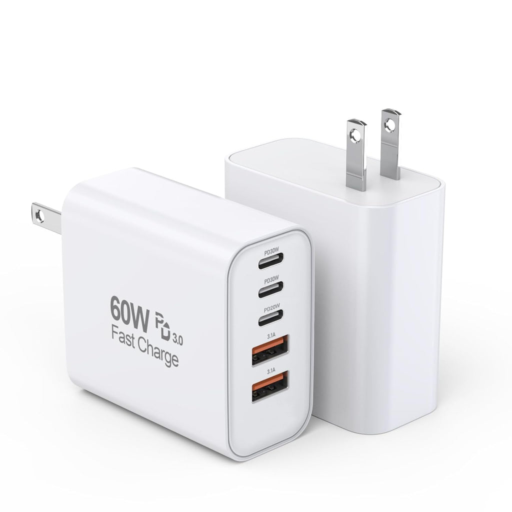 USB C Fast Charger Block, 2Pack 60W 5-Port Type C iPhone Charger Plug, Apple Fast Charging Block, 3 USB C+2 USB A PD & QC 3.0 Power Adapter Multi-port Cube Brick for iPhone 16/15/14/13/12/11/X/8, iPad