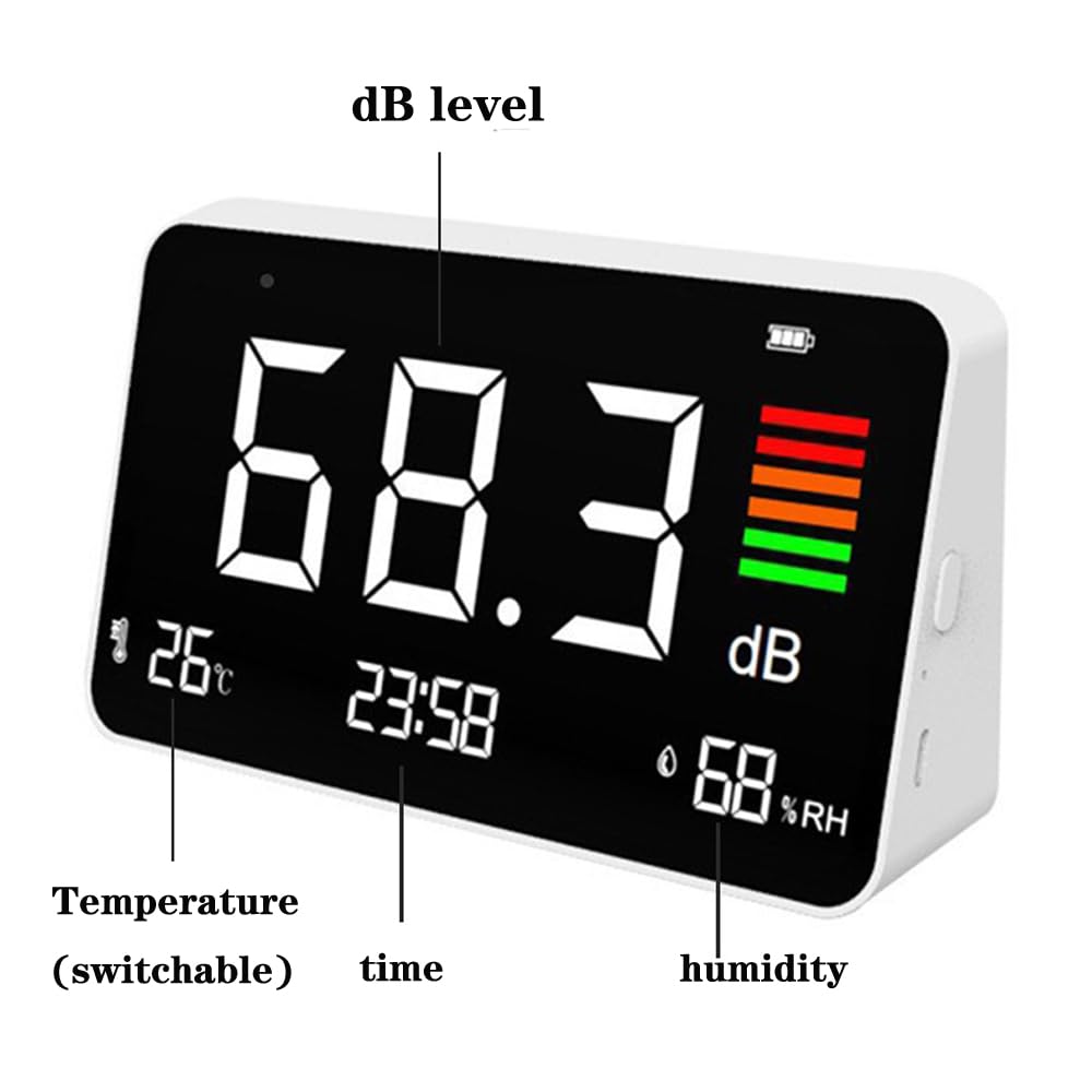 4-in-1 Decibel Meter Digital Sound Decibel Meter,Portable Sound Level Detector Rechargeable dB Noise Tester with A/C Frequency&DC Output, 3-Color Alarm, Real Time Measurement