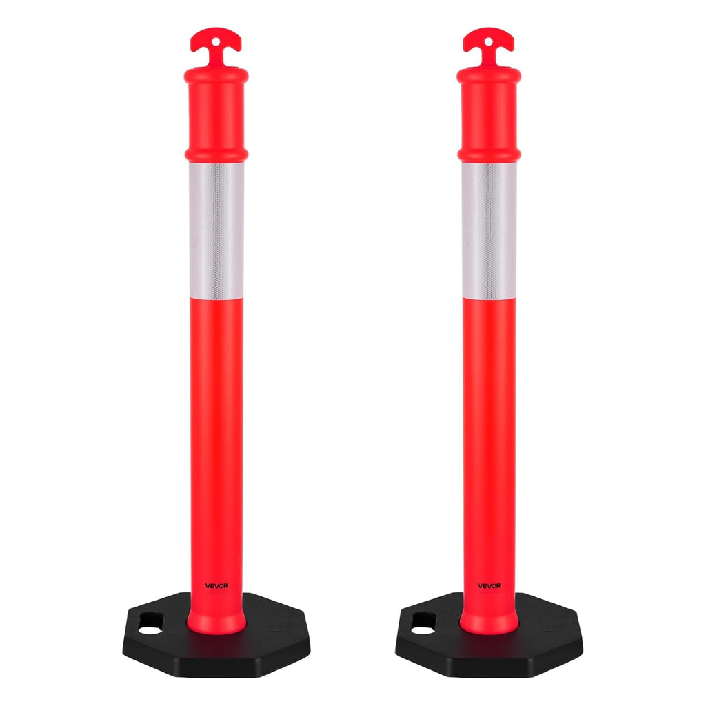VEVOR 2 Pack Traffic Delineator Posts, 48 inches Traffic Safety Cones with Weighted Base and Reflective Strips, Heavy Duty Delineator Posts for Construction Site, Parking Lot, Crowd Control, Red