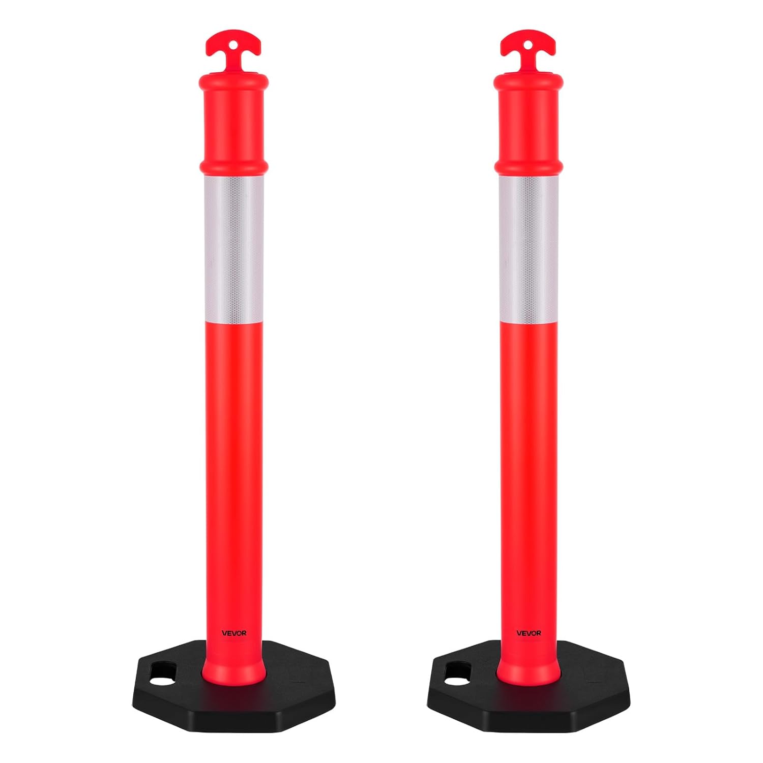 VEVOR 2 Pack Traffic Delineator Posts, 48 inches Traffic Safety Cones with Weighted Base and Reflective Strips, Heavy Duty Delineator Posts for Construction Site, Parking Lot, Crowd Control, Red