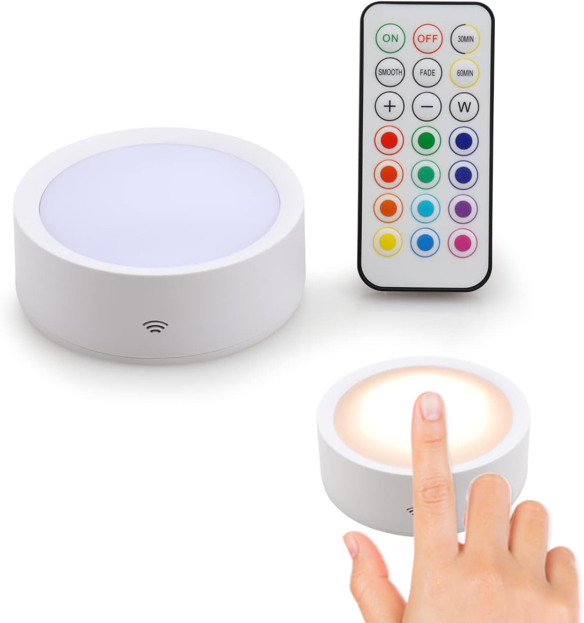 DAMI Under Cabinet Lighting with Remote Control, Rechargeable Battery Operated Wireless Shelf Lights, Under Cabinet Lights Stick on Tap, Color Changing Puck Lights for Kitchen, 6 Pack, White