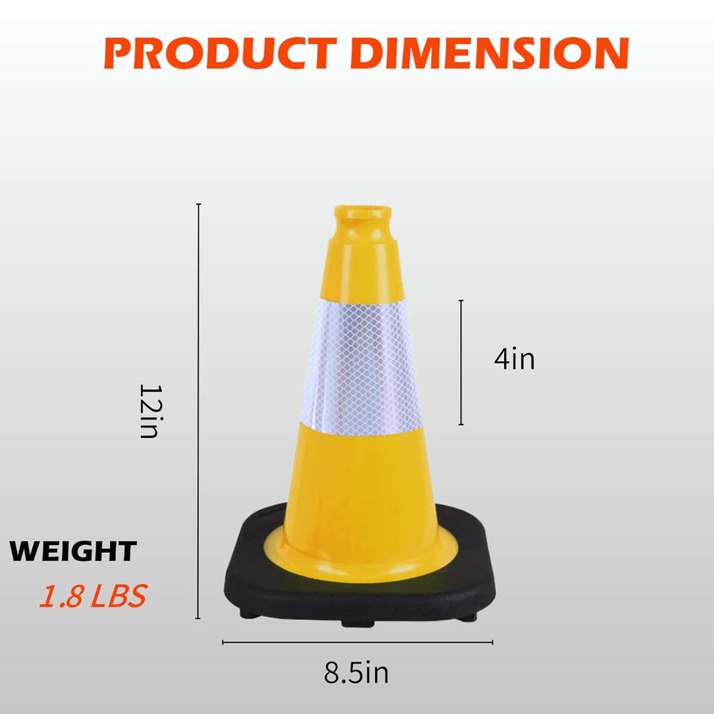 6 Pack 12 Inch Yellow Reflective Traffic Cones, Black Base Safety Markers for Warehouse Aisles, Driveways and Indoor Safety Training (6, Yellow, 12 Inch)
