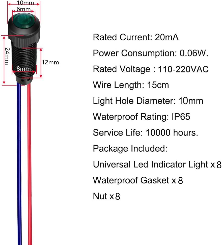 8pcs Red/Blue/Green/White LED Indicator Pilot Light 110VAC Mounting Hole Size 8mm(Flame Retardant Plastic Shell)