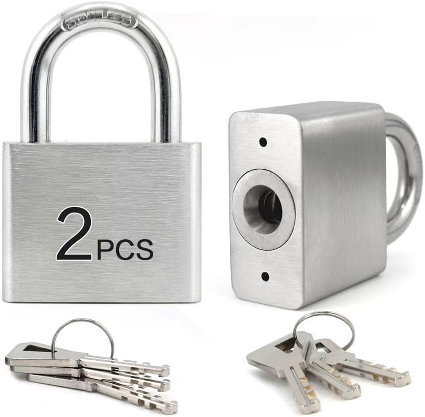 LanuBe 304 Stainless Steel keyed Alike Marine Small Padlocks for Outdoor use, 1-9/16 inch Wide Body, Stainless Steel Body, Normal Shackle, Pack of 2