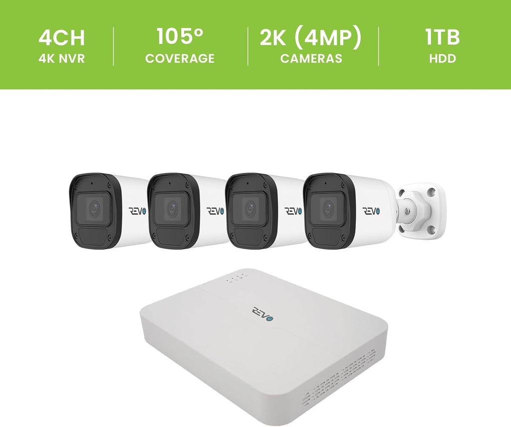 Ultra Blue Series 4CH 4K POE H.265 NVR, 1TB & 4X 2K (4MP) Indoor/Outdoor IR Cameras with Built-in Mic – Remote Access Via Pc, Mac & Phone (No Monthly Fee)