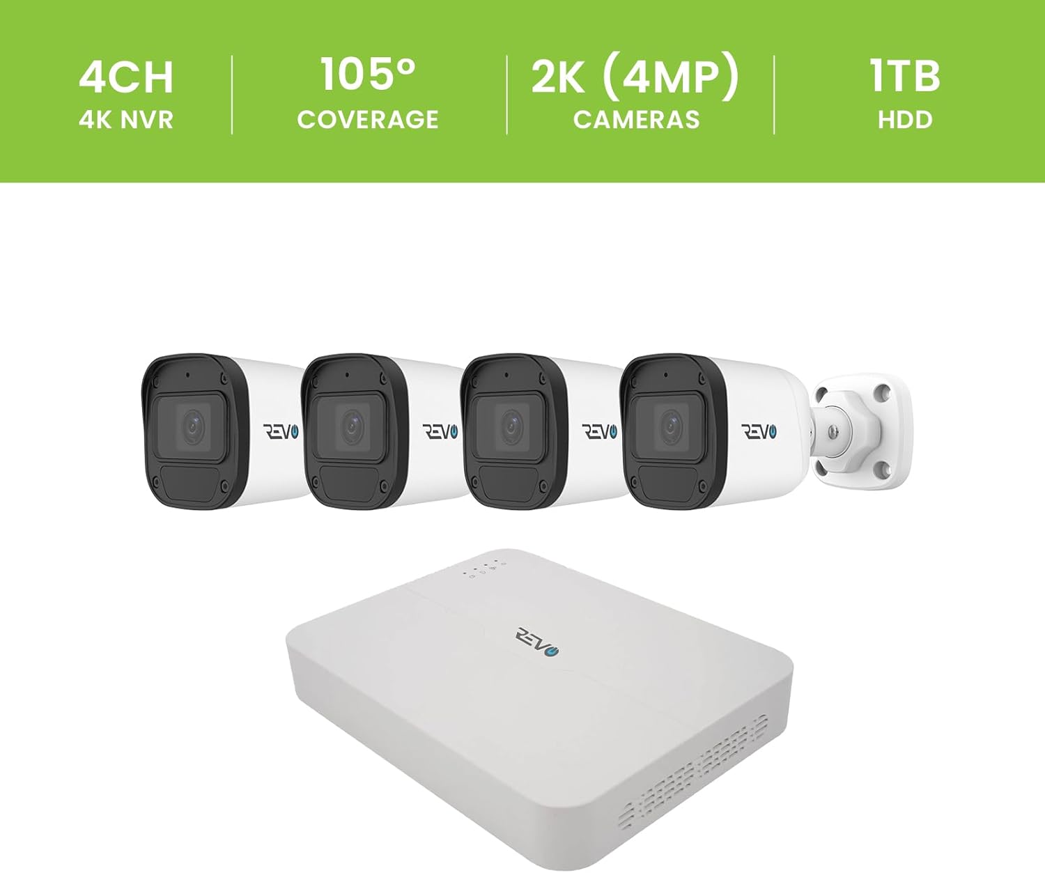Ultra Blue Series 4CH 4K POE H.265 NVR, 1TB & 4X 2K (4MP) Indoor/Outdoor IR Cameras with Built-in Mic – Remote Access Via Pc, Mac & Phone (No Monthly Fee)