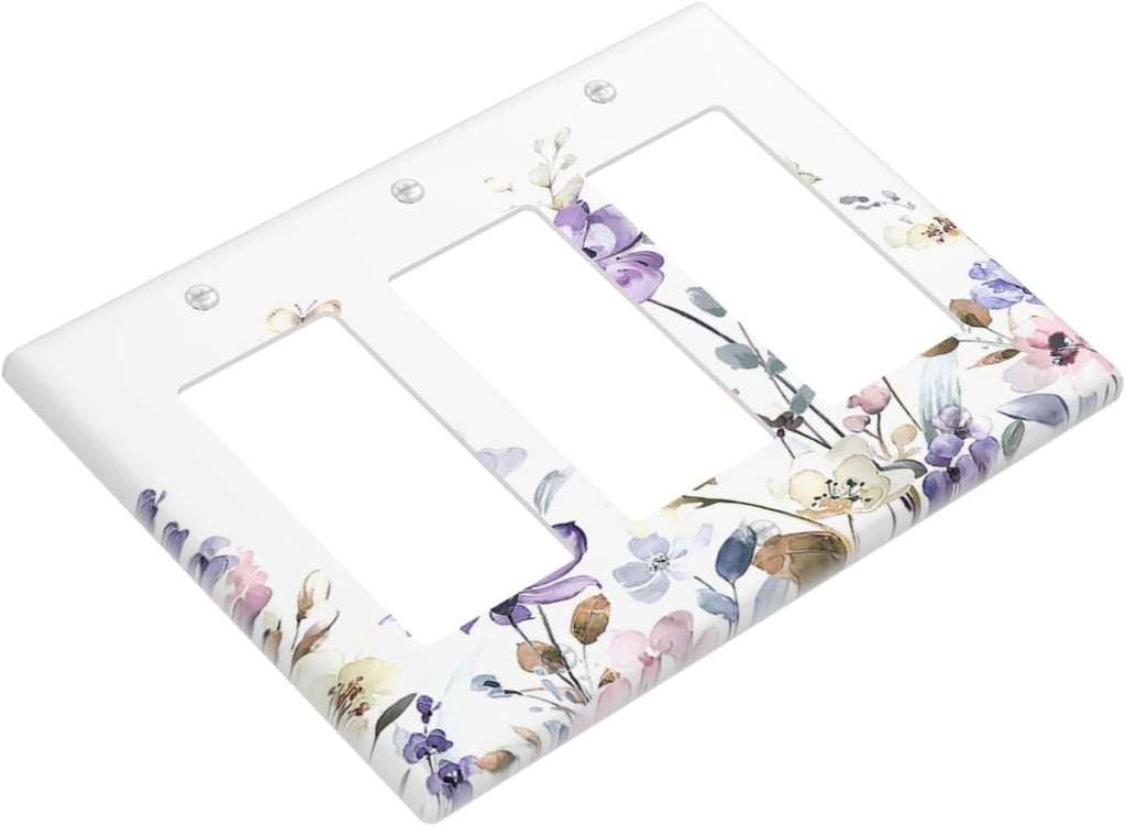 Light Switch Covers Purple Floral Lilac Watercolor Flower Leaves Butterfly Wildflower 3 Gang Rocker Electrical GFCI Decorative Triple Outlet Wall Plate Cover Switchplate for Bedroom Home