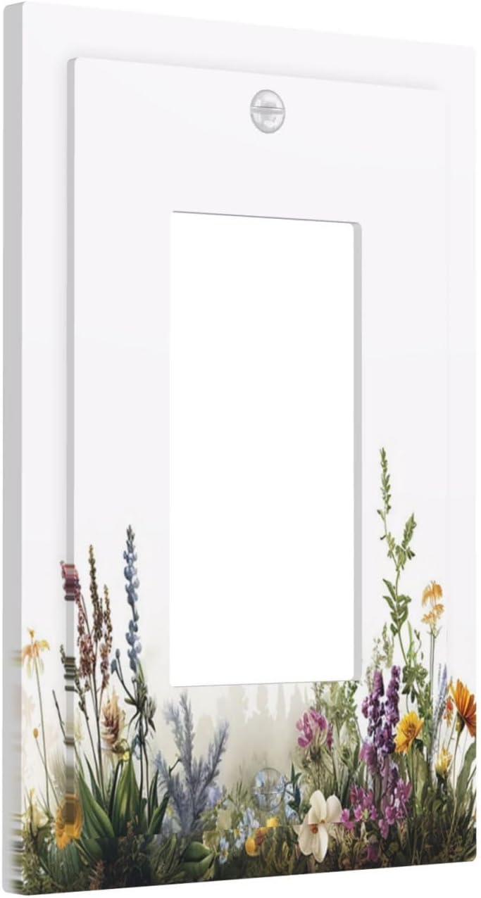 Decorative Outlet Covers White Background Colorful Flowers Plants Green Leaves 1 Gang Single Rocker Light Switch Cover Plate GFCI Wall Plates Electrical Switch Plate Cover for Bedroom Home Decor