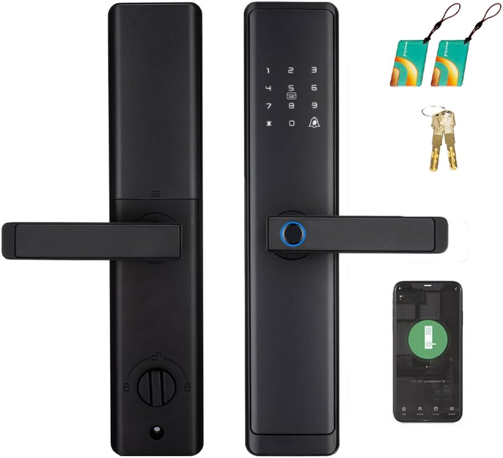 Fingerprint Door Lock with Handle - Tuya App Control & Mechanical Key Backup - 5-in-1 Keyless Entry Smart Lock - Fits 1.38-4.72inch Doors, Auto Lock & USB Emergency Power for Home, Office