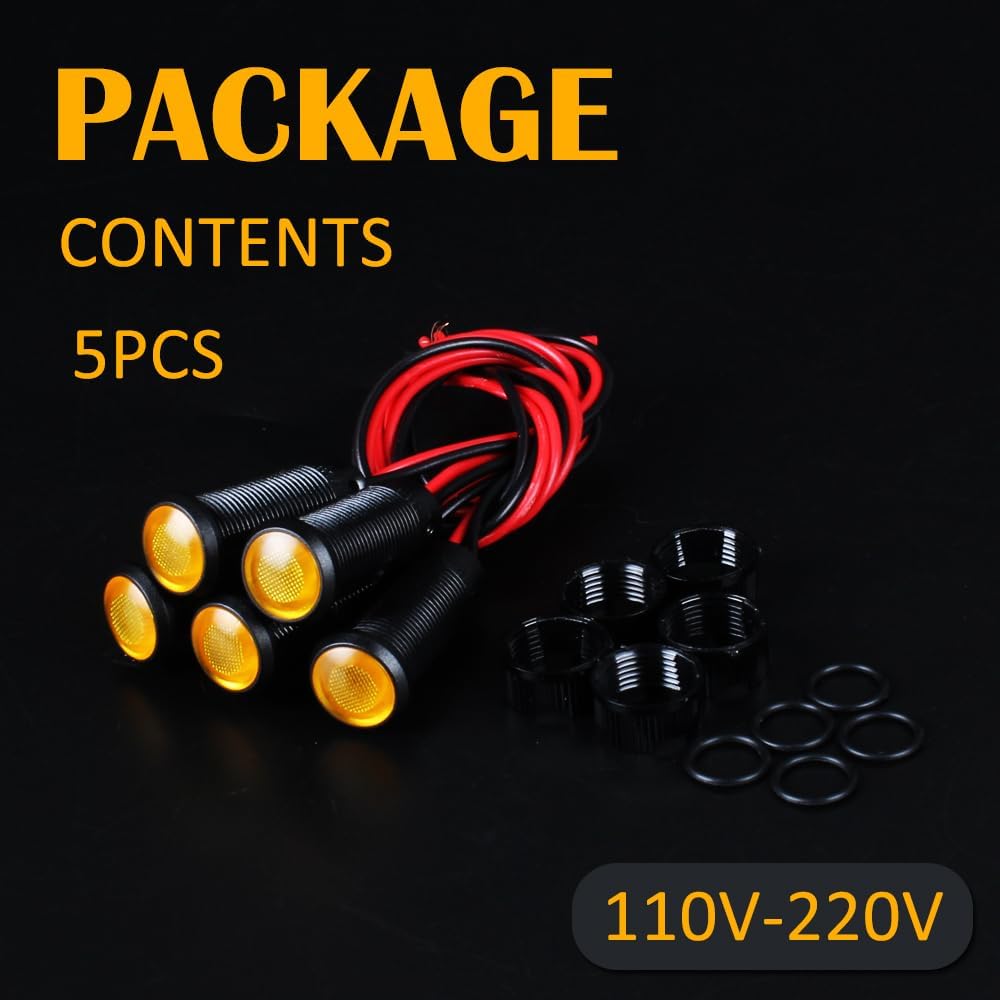 5pcs 10mm LED Indicator Light Plastic Black Signal Dot Lamp 110-220VAC 2/5" Mounting Hole Size with 15cm/5.9in. Wire (Yellow LED)