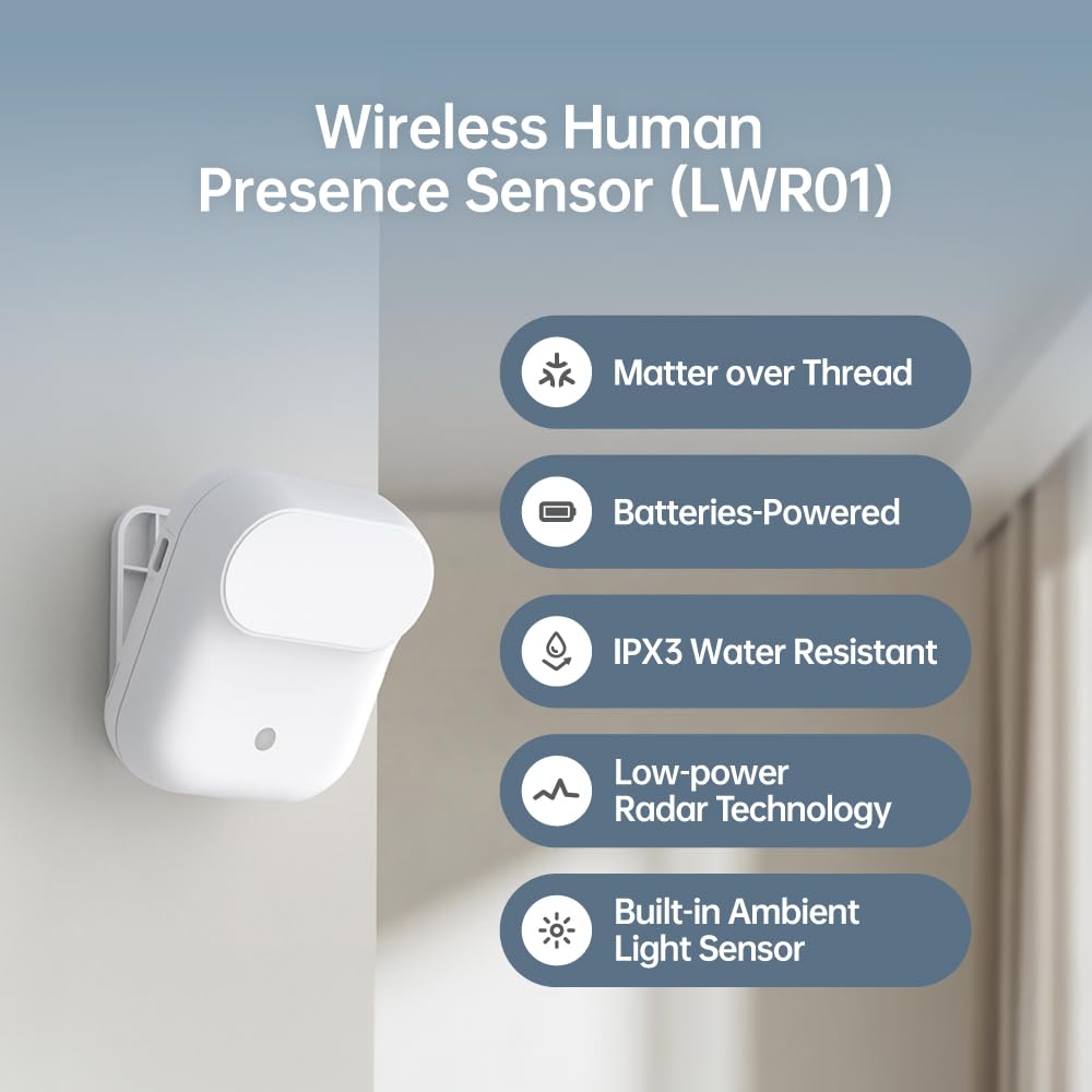Wireless Human Presence Sensor LWR01, mmWave Radar, Occupancy & Motion Sensor, Battery-Powered, IPX3 Water Resistant, Matter Over Thread, Requires Thread-Compatible Smart Home Hub/Router