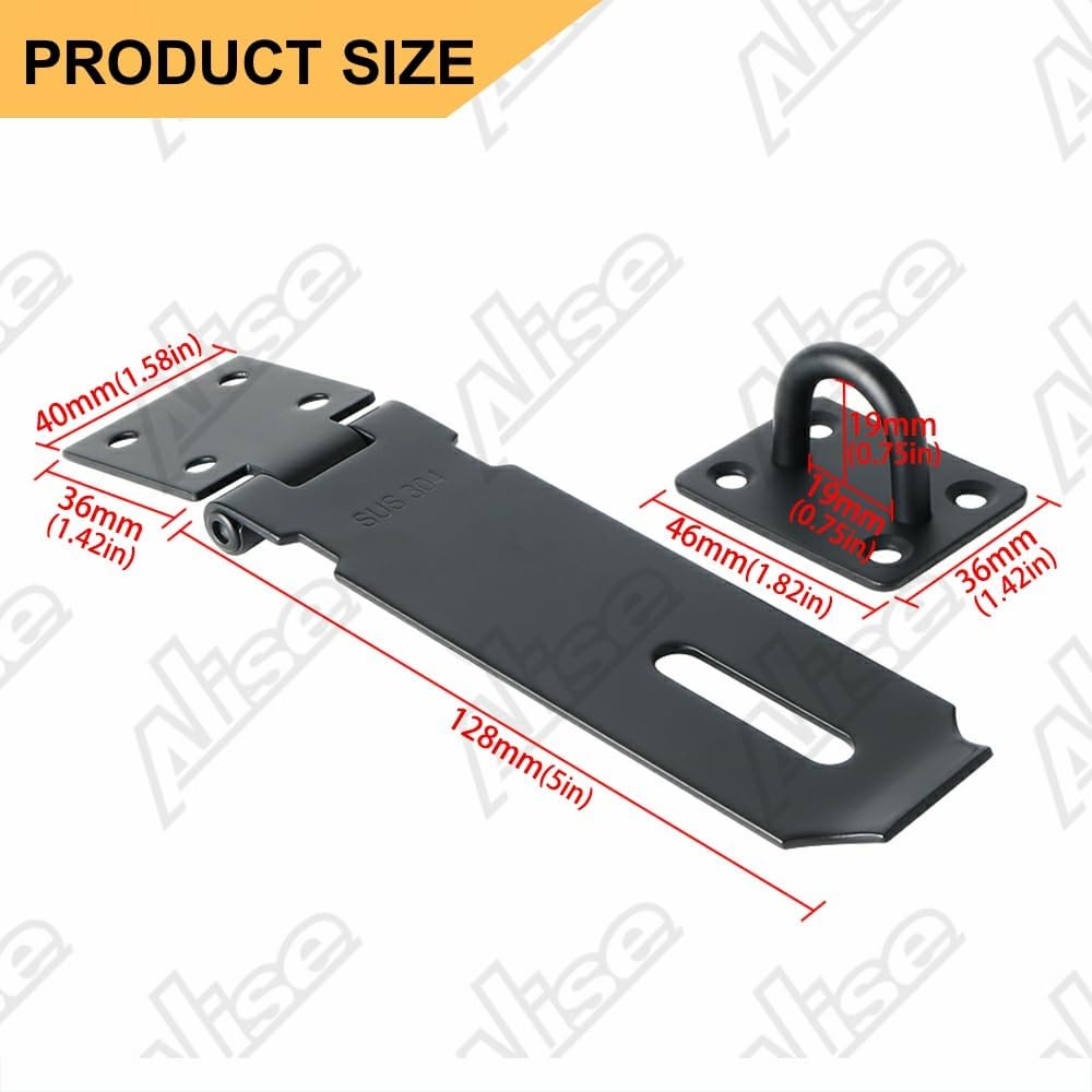 Alise Door Lock Hasp Latch,5 Inch SUS 304 Stainless Steel Safety Packlock Clasp Hasp Lock Latch with Fixing Screw for External Doors Window Cabinet Pet Cage, Black,MS9B-5C