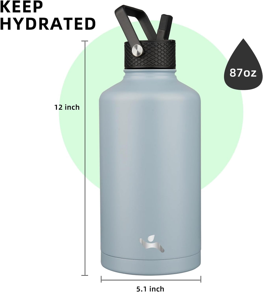 Insulated Water Bottle with Straw,87 oz 3 Lids Water Jug with Carrying Bag,Paracord Handle,Double Wall Vacuum Stainless Steel Metal Flask,Storm Blue