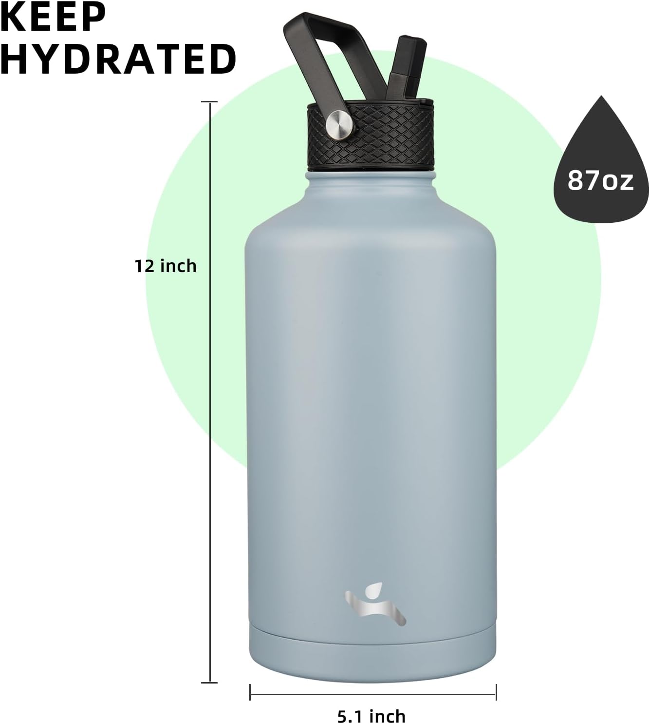 Insulated Water Bottle with Straw,87 oz 3 Lids Water Jug with Carrying Bag,Paracord Handle,Double Wall Vacuum Stainless Steel Metal Flask,Storm Blue